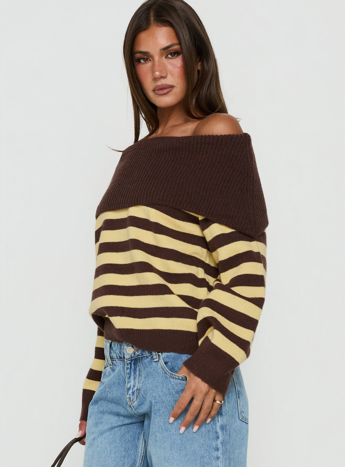 Next Page Foldover Long Sleeve Knit Jumper Brown / Yellow Stripe