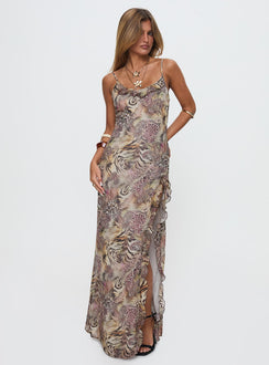 front view of model wearing Princess Polly Sympathize Frill Maxi Split Dress Multi Scoop Neck 