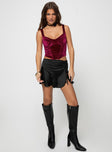 Front view of model wearing  front Princess Polly Short Sleeves High Neck  Bruna Top Velvet Red