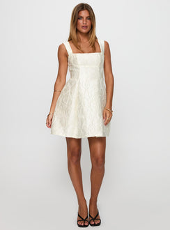 front view of model wearing Princess Polly Eloquent Mini Dress Ivory Square Neck 