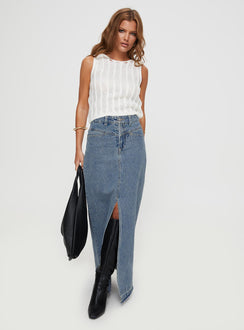   front view of model wearing Princess Polly Deneuve Denim Maxi Skirt Mid Wash Maxi 