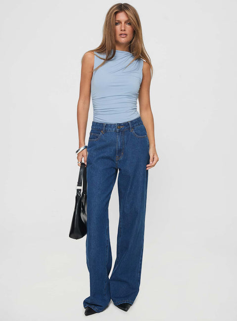 back view of model wearing Princess Polly Josefine Bodysuit Baby Blue Sleeveless High Neck 