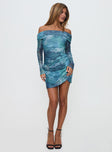 front view of model wearing Princess Polly Olympique Long Sleeve Mini Dress Blue Multi Straight Neck 