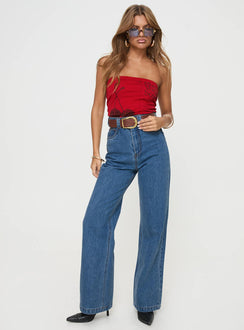side view of model wearing Princess Polly Zephee Wide Leg Jeans Light Wash Petite High Waisted 