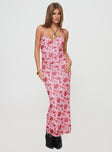 Pink maxi dress Adjustable shoulder straps, lace trim, v-neckline, ruched sides