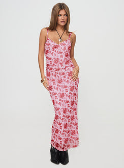 front view of model wearing Princess Polly Cotter Maxi Dress Pink / Floral Sweetheart Neckline 