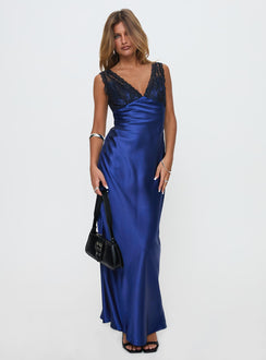 side view of model wearing Princess Polly Voila Lace Maxi Dress Navy / Black V-Neck 