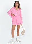 Pink matching set Long sleeve shirt Classic collar Button fastening at front Single chest pocket Shorts Thick elasticated waistband Twin hip pockets