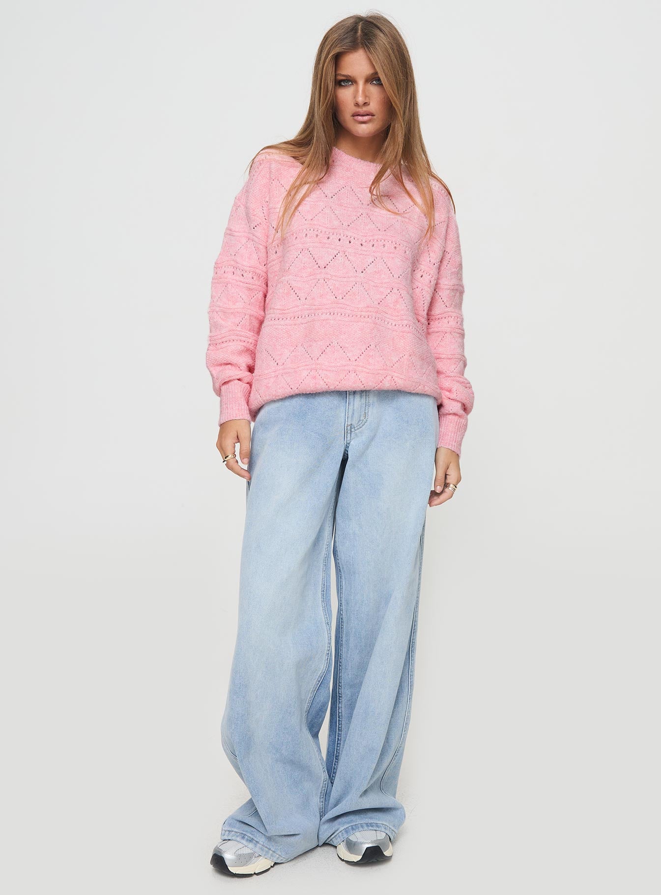 front view of model wearing Princess Polly Pierce Pointelle Sweater Blush 