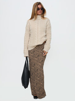 side view of model wearing Princess Polly Bryden Turtleneck Cable Knit Sweater Beige Long 