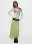   front view of model wearing Princess Polly Dreamcatcher Lace Maxi Skirt Green Maxi 