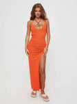 front view of model wearing Princess Polly Lysandre Crochet Maxi Dress Orange Plunger 