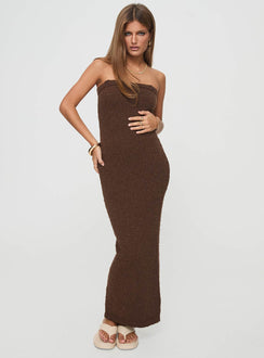 front view of model wearing Princess Polly Cloud Strapless Boucle Maxi Dress Chocolate Straight Neck 
