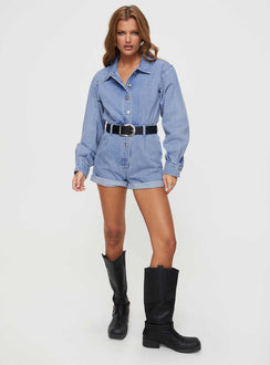 Denim romper Classic collar, button fastening, four pocket design, belt loops at waist