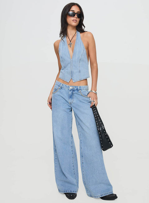 front view of model wearing Princess Polly Pearlisle Baggy Jeans Light Wash Low Rise Jeans 