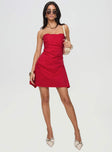 front view of model wearing Princess Polly Bradwell Strapless Mini Dress Red Tall Straight Neck 