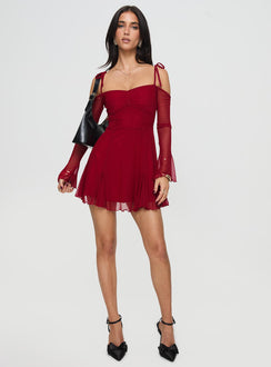 front view of model wearing Princess Polly Courtland Off The Shoulder Mini Dress Red Sweetheart Neckline 