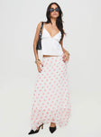 Maxi skirt Floral print, lace trim at waist, invisible zip fastening, layered asymmetrical hem Non-stretch material, fully lined 