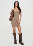 front view of model wearing Princess Polly Montwood Mini Dress Beige Scoop Neck 