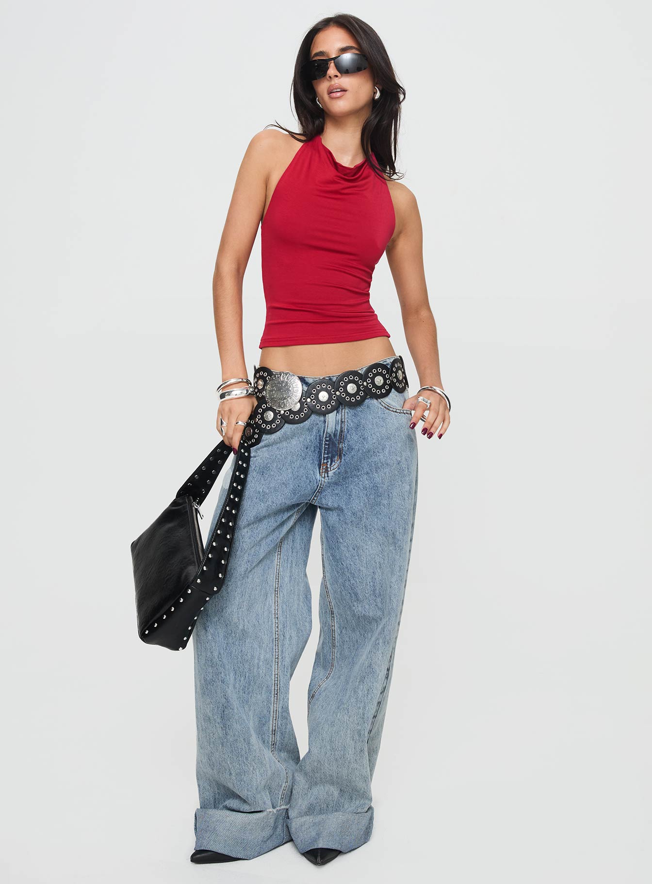 front view of model wearing Princess Polly Imposter Top Cherry Red Sleeveless Cowl 