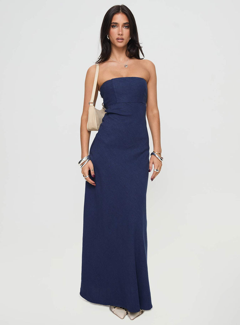 front view of model wearing Princess Polly Yahir Strapless Maxi Dress Navy Petite Straight Neck 