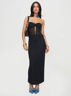 Mesh two-piece set  Strapless top, twist ruched detail at bust, asymmetrical hem with open style front, lettuce edge hem, inner silicone strip at bust, lined at bust only Maxi skirt, elasticated waistband Good stretch, fully lined Princess Polly Lower Impact
