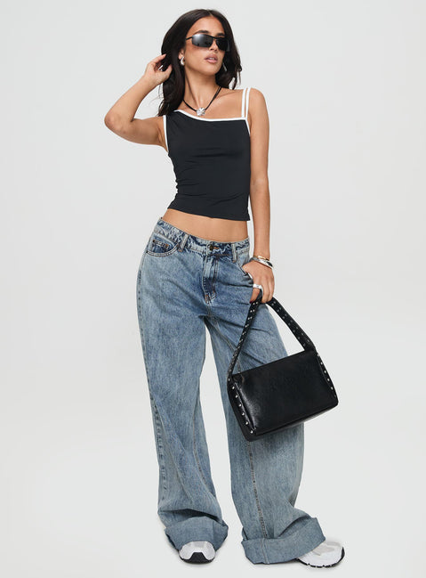 front view of model wearing Princess Polly Detalier One Shoulder Top Black Sleeveless Asymmetric Neckline 