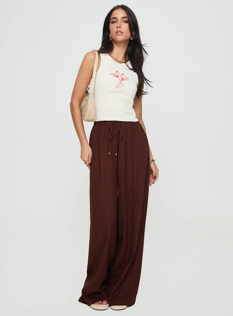 front view of model wearing Princess Polly Ogilvie Linen Blend Pants Chocolate High Waisted Pants 