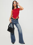 front view of model wearing Princess Polly Karre Off The Shoulder Top Red Short Sleeves Boat Neck 