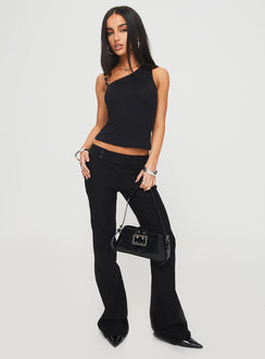 front view of model wearing Princess Polly Akiko Top Black Sleeveless Asymmetric Neckline 