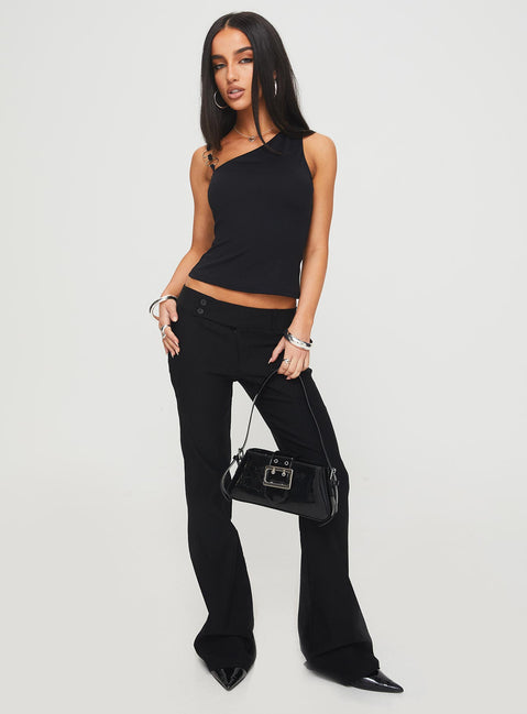 front view of model wearing Princess Polly Akiko Top Black Sleeveless Asymmetric Neckline 