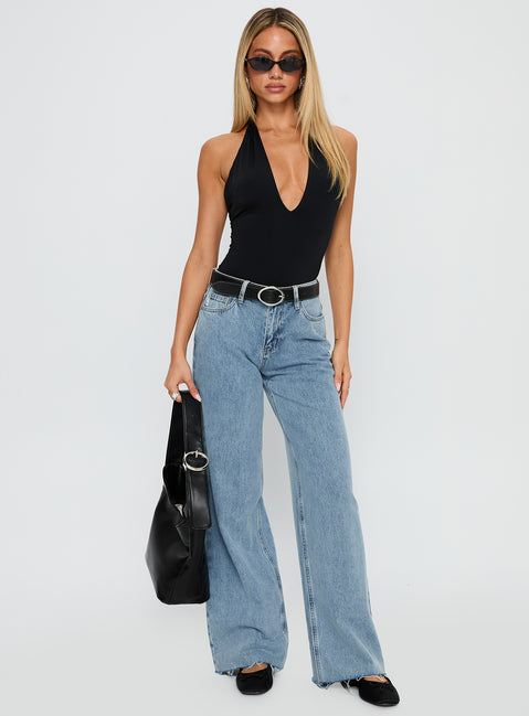 front view of model wearing Princess Polly Kendrae Plunge Halter Bodysuit Black Sleeveless 