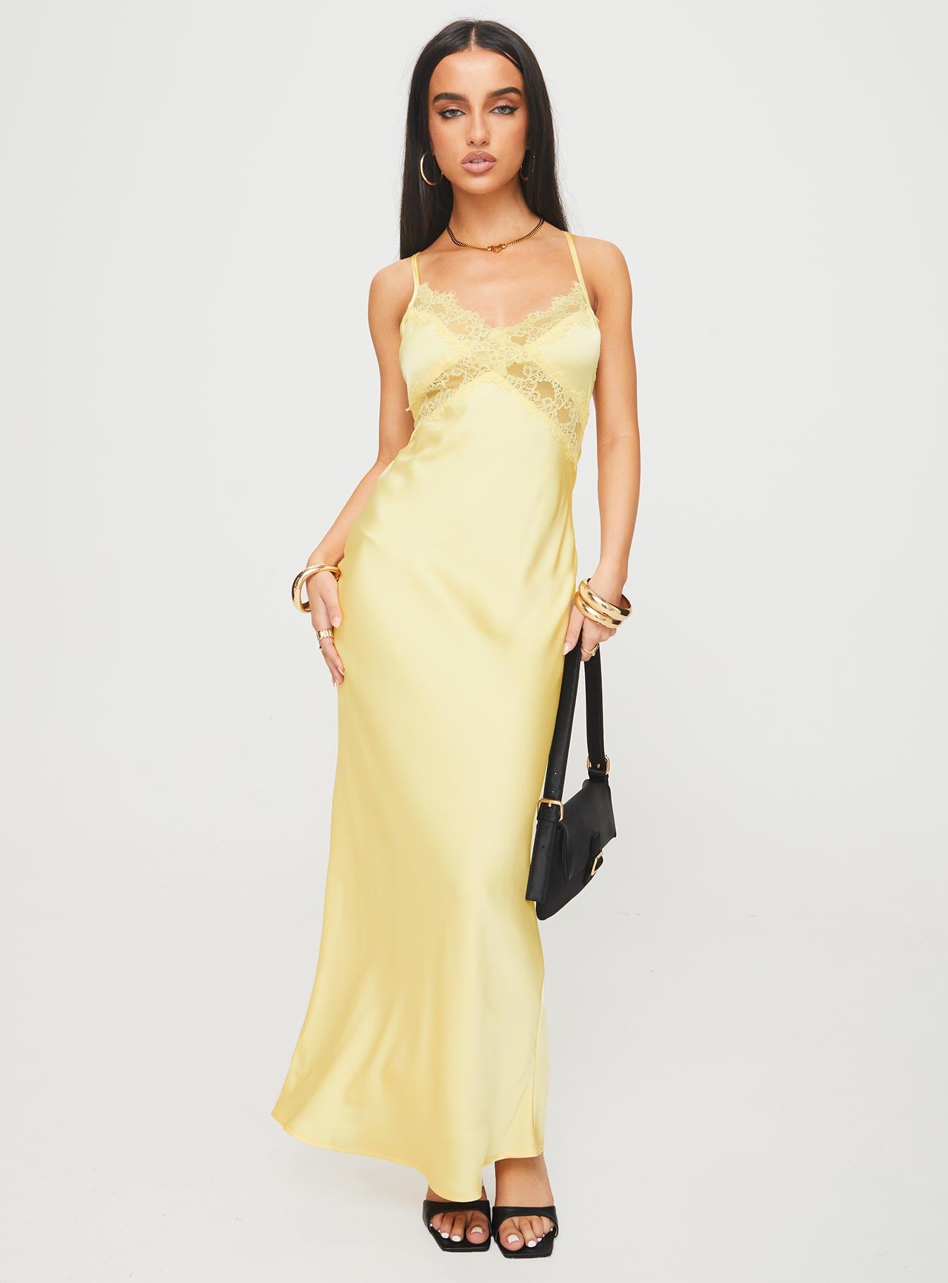 front view of model wearing Princess Polly Treasure Bias Cut Maxi Dress Lemon V-Neck 