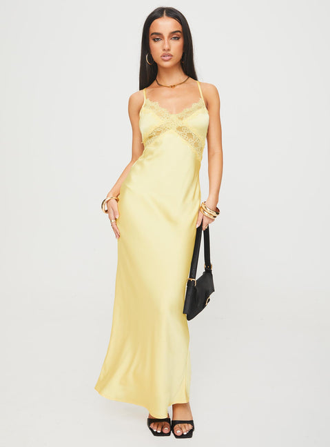 front view of model wearing Princess Polly Treasure Bias Cut Maxi Dress Lemon V-Neck 