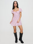 front view of model wearing Princess Polly Jaxton Mini Dress Pink Multi Square Neck 