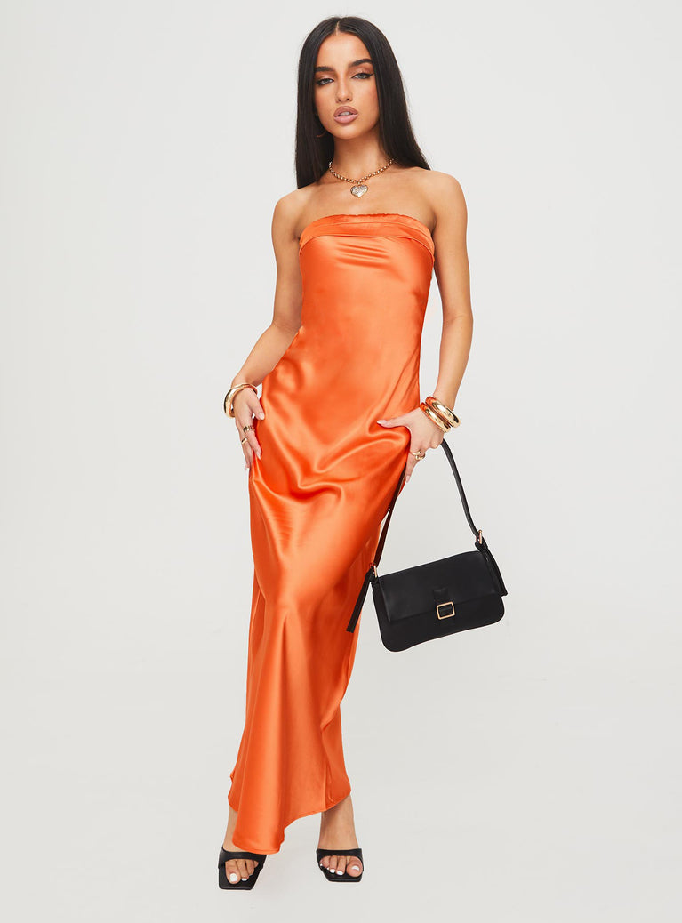 front view of model wearing Princess Polly Citrus Kiss Strapless Maxi Dress Orange Straight Neck 