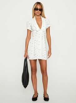 back view of model wearing Princess Polly Fabiola Collared Mini Dress Floral Plunger 