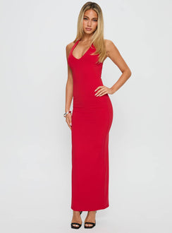 front view of model wearing Princess Polly Spicy Maxi Dress Red Plunger 