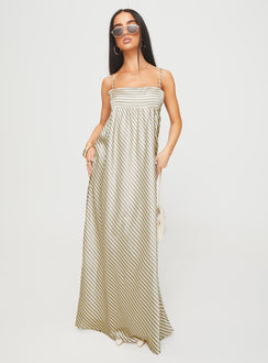 front view of model wearing Princess Polly Pansotti Maxi Dress Beige / White Stripe Square Neck 