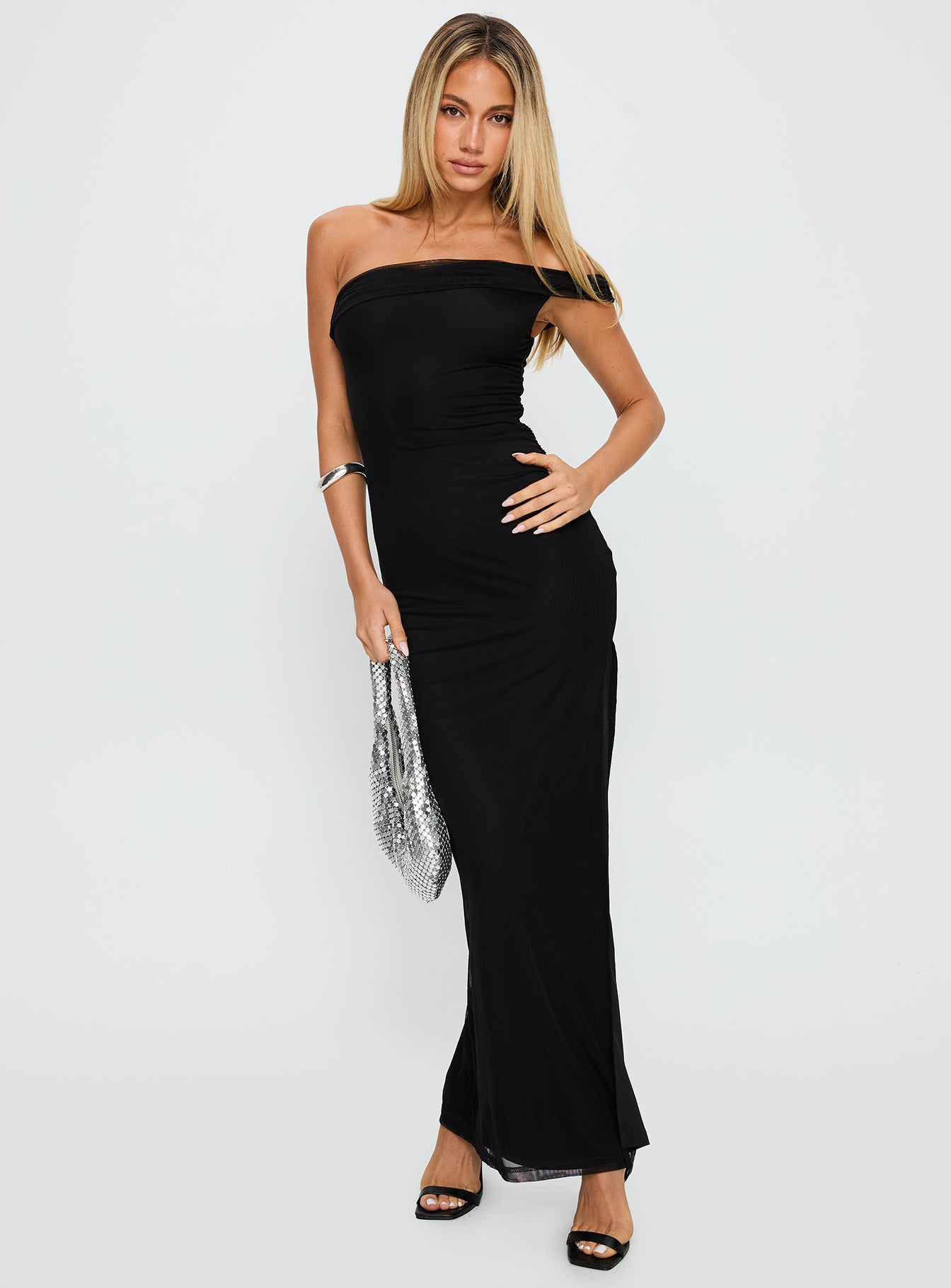 front view of model wearing Princess Polly Technique Off The Shoulder Maxi Dress Black Asymmetric Neckline 