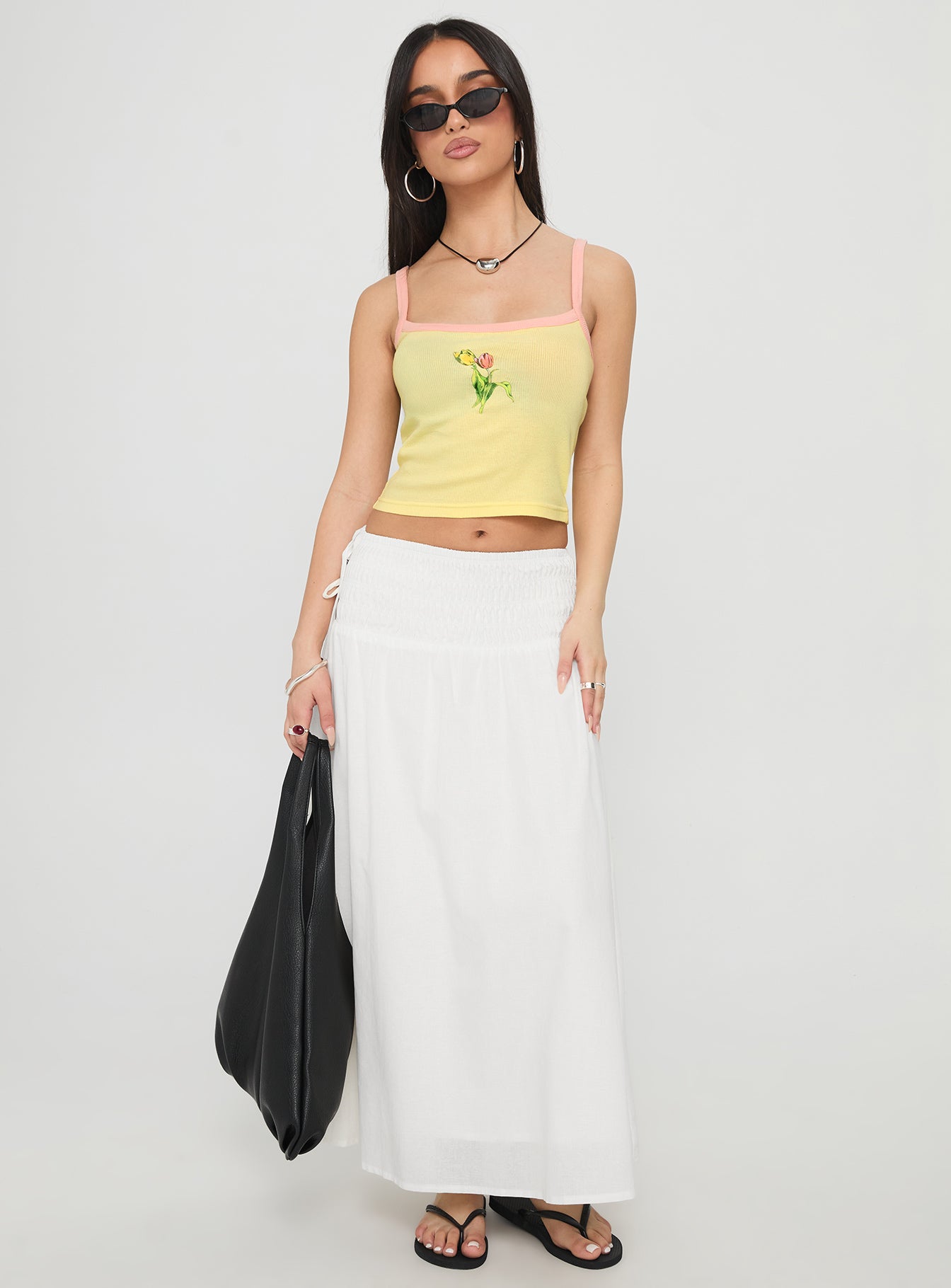   front view of model wearing Princess Polly Vence Ruched Maxi Skirt White Maxi 