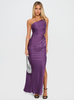 side view of model wearing Princess Polly Leading Role One Shoulder Maxi Dress Purple Asymmetric Neckline 