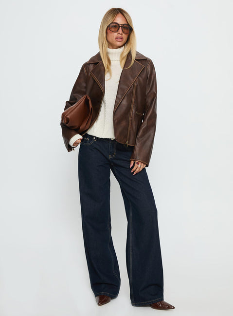 Vyolette Faux Leather Collared Jacket Washed Brown