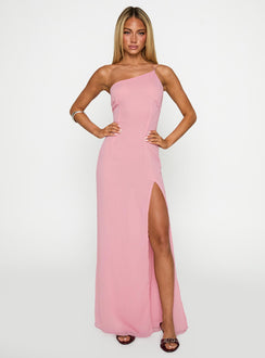 front view of model wearing Princess Polly Kiss Of Life Chiffon Maxi Dress Pink Asymmetric Neckline 