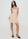 front view of model wearing Princess Polly Straplie Mini Dress Cream Floral Square Neck 