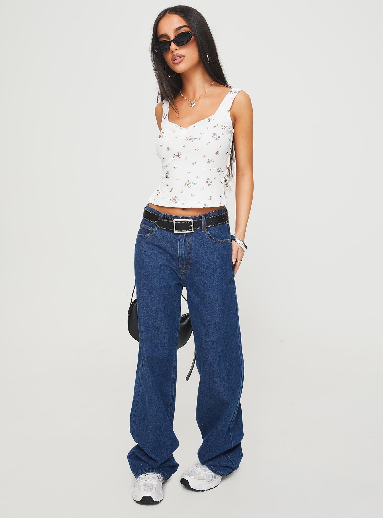 back view of model wearing Princess Polly Rehna Top White Floral Sleeveless V-Neck 