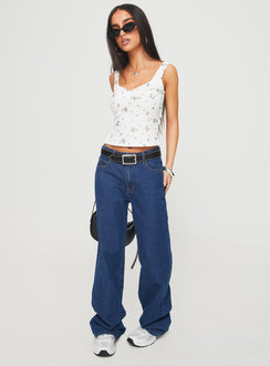 back view of model wearing Princess Polly Rehna Top White Floral Sleeveless V-Neck 