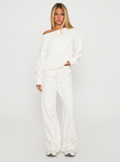 front view of model wearing Princess Polly Wellness Off The Shoulder Jumper Washed White 