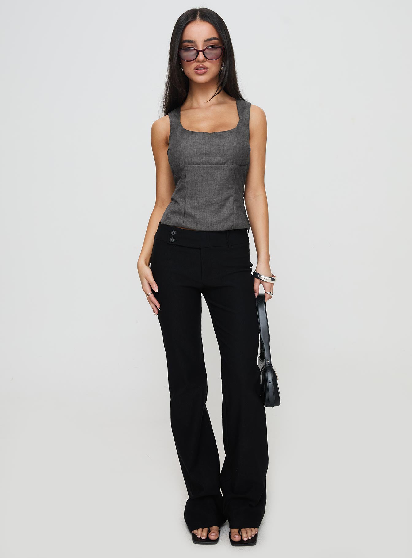 front view of model wearing Princess Polly Desni Top Grey Sleeveless Scoop Neck 