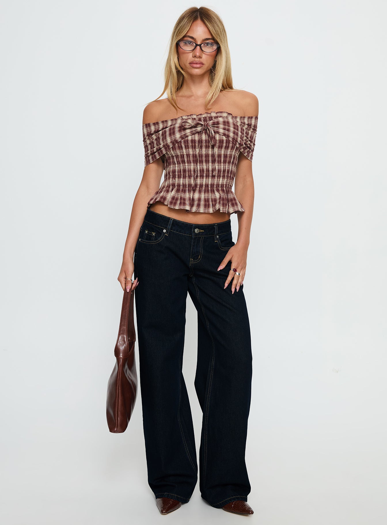 Avalynn Off Shoulder Shirred Top Brown Check